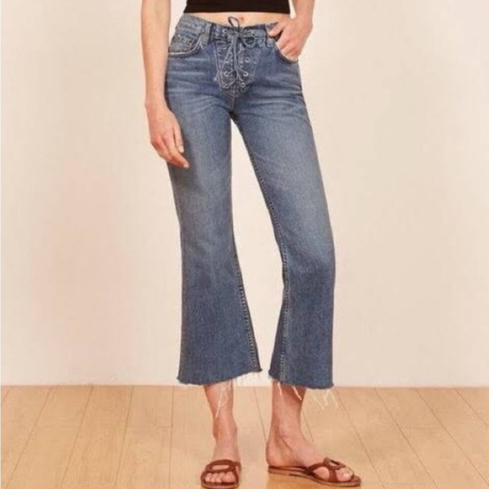 Reformation Blue Lace-Up Cropped Flare Jeans